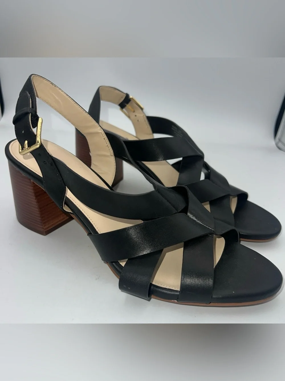 COLE HAAN JAMIE Ankle Strap Sandals Black Vegan Faux Leather Women’s Size 11B